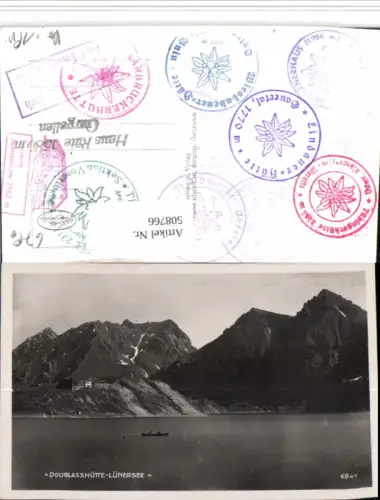 508766,Douglashütte Berghütte am Lünersee b. Vandans Bergkulisse Hüttenstempel