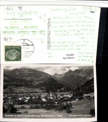 508791,Schruns im Montafon Totale geg. Zimba Bergkulisse pub Foto Wolf 1923
