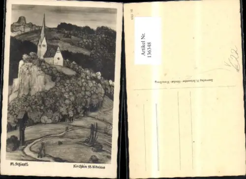 136348,Künstlerkarte M Schiestl Kirchlein Kirche St Nikolaus Feldkirch pub H Schneider