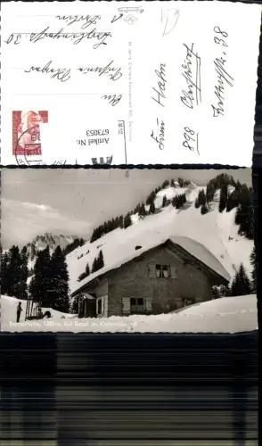 673053,Foto Ak Derra-Hütte b. Baad Mittelberg Kleinwalsertal Wintersport