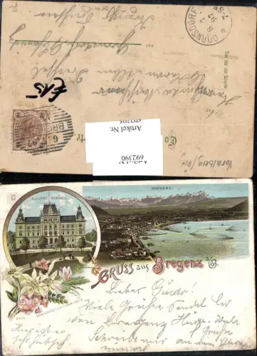 692390 tolle Lithographie Bregenz am Bodensee K.K. Postgebäude pub Louis Glaser