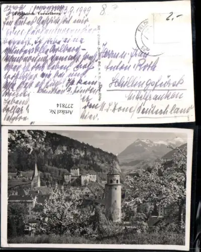 277814,Feldkirch Teilansicht Turm Burg Kirchenturm Bergkulisse