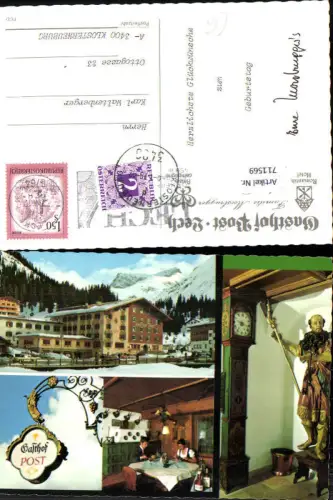 711569 Mehrbild AK Lech a. Arlberg Gasthof Post Lech Gaststube Standuhr mit Statue