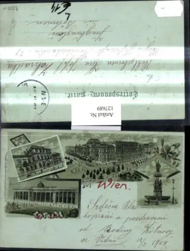 127689,Litho Gruß a. Wien 1 Kk Universität Burgthor Burgtor Brunnen a. d. Freiung Museum für Kunst Industrie