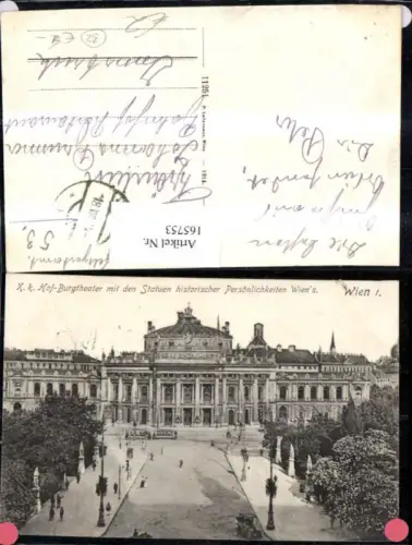 165753,Wien 1 K k Hof Burgtheater m. d. Statuen historischer Persönlichkeiten Wiens Strassenbahn Personen 1914