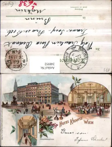 248952,Litho AK Wien 1 Hotel Krantz Marmorsaal Monumentalstiege Kutschen Brunnen Mehrbildkarte