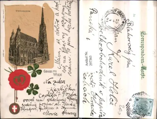 297363,Präge Litho AK Wien Innere Stadt Stephansdom Siegel Kleeblätter Hufeisen Wappen