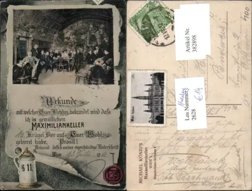382898,Wien Innere Stadt Maximiliankeller Urkunde Bier Bierkrug Siegel