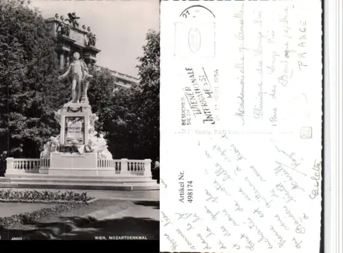 498174,Wien Innere Stadt Mozart-Denkmal Statue Messe 1954 Stempel