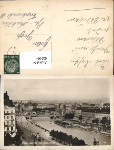 625604,Foto Ak Wien Vienna Innere Stadt Kai m. Schwedenbrücke Brücke Straßenbahn