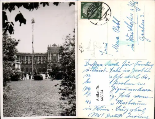 645024,seltene Foto-AK Wien Nationalbibliothek 1938 1. Mai Maibaum am Platz