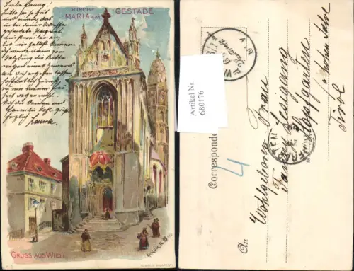 680176 Künstler Lithographie R. Geiger Gruss aus Wien Maria am Gestade Kirche