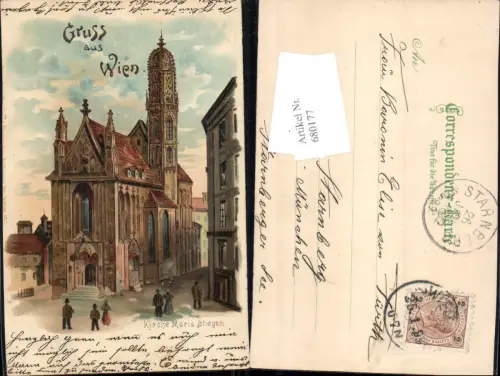 680177 Lithographie Gruss aus Wien Kirche Maria Stiegen am Gestade