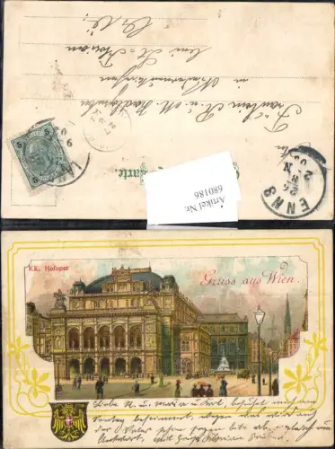 680186 Lithographie Gruss aus Wien Wappen K.K. Hofoper Oper Stp. Enns