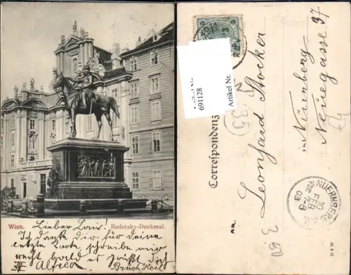 691128 Wien Innere Stadt Radetzky Denkmal Ankunftsstempel Nürnberg 1903