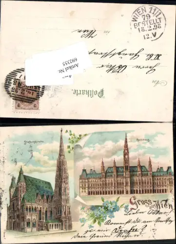 692355 tolle Lithographie Wien Rathaus Stefanskirche Stephansdom 1898
