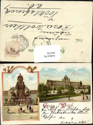 692356 tolle Lithographie Wien K.K. Museum Maria Theresien Denkmal pub Miesler