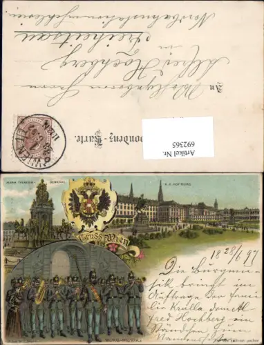 692365 tolle Lithographie Wien K.K. Hofburg Burgmusik Wappen Patriotik 1897