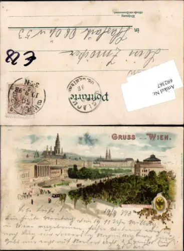 692367 tolle Lithographie Wien Franzensring Parlament 1898 pub Miesler gel. Haslach