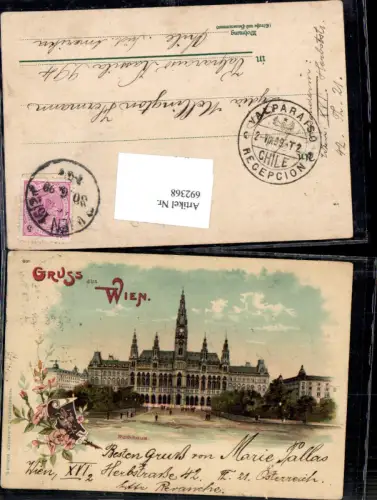 692368 tolle Lithographie Wien Rathaus gel Valparaíso Chile 1898 South America