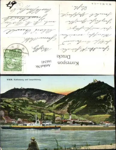 166341,Wien 19 Döbling Kahlenberg Leopoldsberg Schiff Dampfer Mann a. Ufer 1908