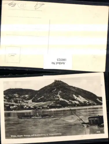 180523,Wien 19 Große Donau m. Kahlenberg u. Leopoldsberg Fischernetz Dampfschiff