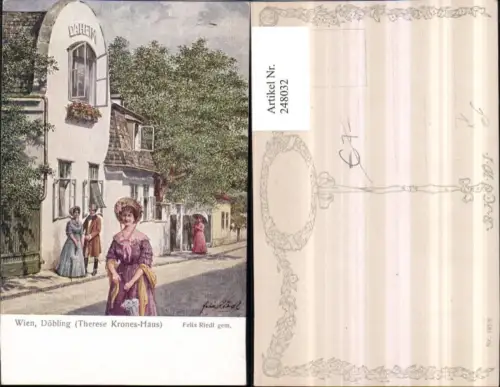 248032,Künstler AK Felix Riedl Wien Döbling Therese Krones-Haus Frauen m. Hut Kleid pub Brüder Kohn B.K.W.I. 185/6