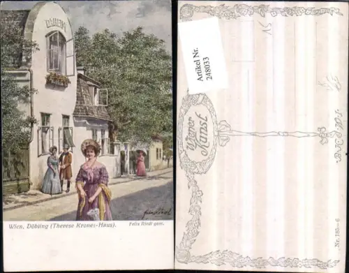 248033,Künstler AK Felix Riedl Wien Döbling Therese Krones-Haus Frauen m. Hut Kleid pub Brüder Kohn B.K.W.I. 185/6