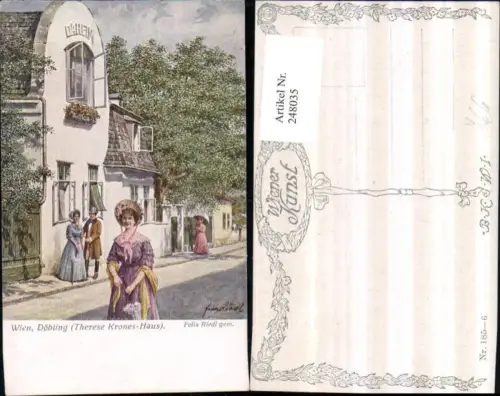 248035,Künstler AK Felix Riedl Wien Döbling Therese Krones-Haus Frauen m. Hut Kleid pub Brüder Kohn B.K.W.I. 185/6