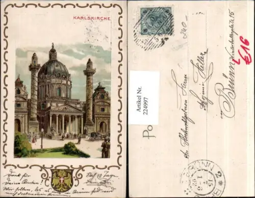 224997,Präge Litho AK Wien Wieden Karlskirche Kirche Wappen