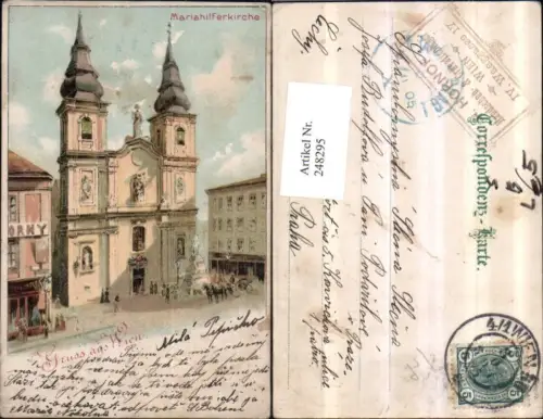 248295,Litho AK Gruß aus Wien Mariahilf Mariahilferkirche Kirche Werbung A. Hornof Handschuh- u. Kravattenlager