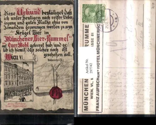 297742,Künstler AK Wien Mariahilf Franz Aufischers Hotel Münchnerhof Urkunde Bier Siegel
