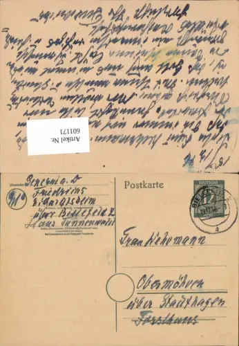 601171,Postkarte Ganzsache Bielefeld n. Obernwöhren Stadthagen Schaumburg Lippe 1946