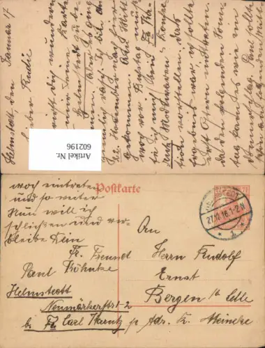 602196,Postkarte Helmstedt n. Bergen bei Celle 1916