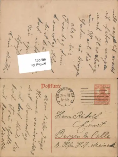 602201,Postkarte Braunschweig n. Bergen bei Celle 1918