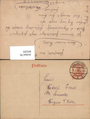 602202,Postkarte Helmstedt n. Bergen bei Celle schöner Stempel 1918