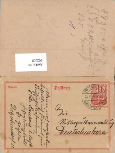 602209,Ganzsache Pretzschendorf Dippoldiswalde n. Deutschenbora Nossen 1921