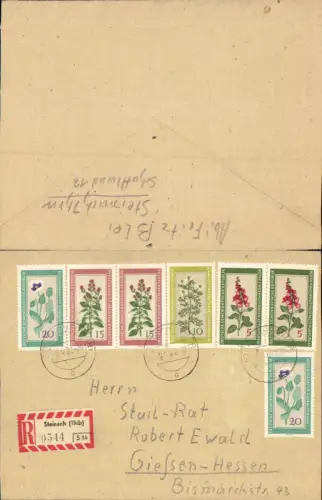602655,Reco Einschreiben Steinach Thüringen n. Gießen Hessen 1960 Mehrfahrbenfrankatur Reko