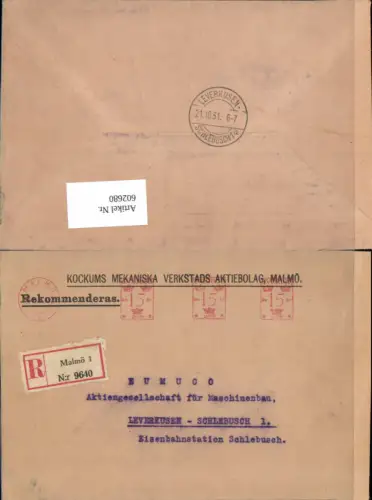 602680,Reco Reko Einschreiben Schweden Sweden Malmö 9640 n. Leverkusen Schlebusch