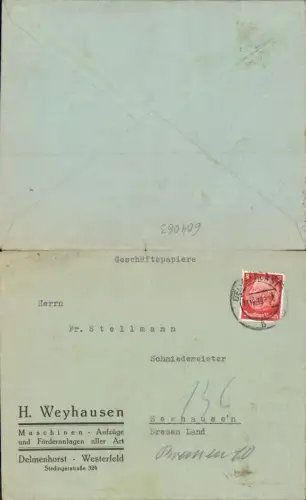 604063,Brief Delmenhorst Westerfeld Weyhausen n. Seehausen Bremen 1939