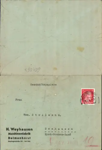 604067,Brief Delmenhorst Westerfeld Weyhausen Maschinenfabrik n. Seehausen Bremen