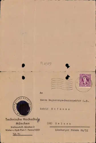 604076,Brief Techn. Hochschule München n. Uelzen Zensur 1946