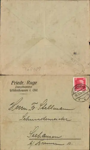 Brief Wildeshausen in Oldenburg Dampfbäckerei Friedrich Ruge 1928 n. Seehausen Bremen