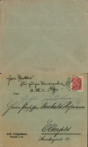 615672,Brief Umschlag Pulsnitz 1922 n. Elberfeld oh. Inhalt