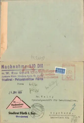 615674,Beleg Nachnahme Brief Stadtrat Polizeidirektion Fürth in Bayern n. Augsburg Lauterlech