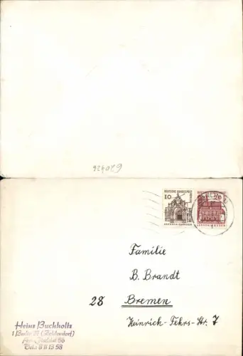 620426,Stp. Berlin Zehlendorf Fischtal n. Bremen Brief m. Inhalt