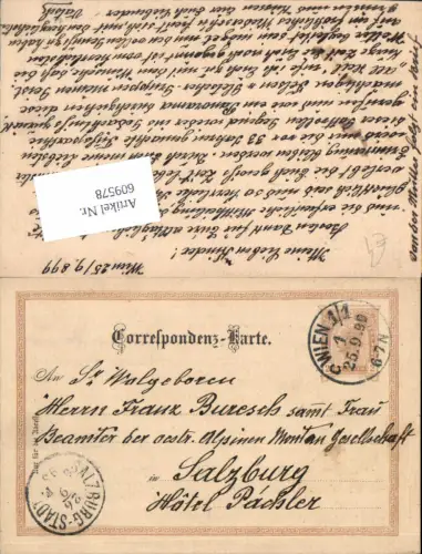 609578,Stempel Wien 1/1 n. Hotel Pachler Salzburg 1899 Ganzsache