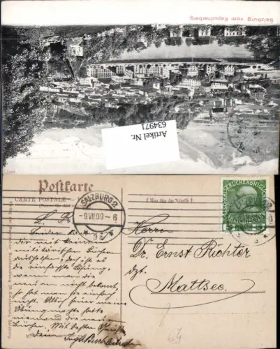 634971,Stempel Salzburg an Dr. Ernst Richter Mattsee 1909