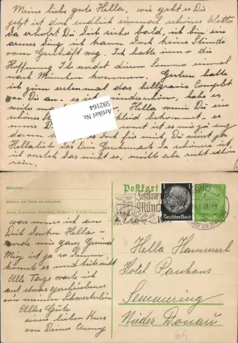 592164,Postkarte Stempel München nach Semmering Hotel Panhans 1939