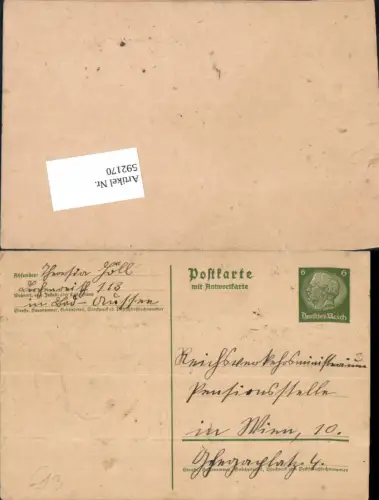 592170,Postkarte Stempel m. Antwortkarte Bad Aussee n. Wien Favoriten 1939